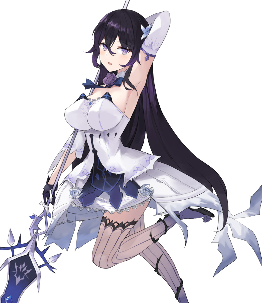1girl absurdres alternate_eye_color alternate_hair_color ara_haan arm_behind_head arm_up armpits bare_shoulders black_gloves black_hair breasts celite detached_collar detached_sleeves dress elsword flower gloves gradient_clothes highres holding holding_polearm holding_weapon large_breasts leg_up long_hair looking_at_viewer open_mouth polearm purple_eyes rose simple_background solo spear strapless strapless_dress thighhighs very_long_hair weapon white_background white_dress white_legwear zettai_ryouiki