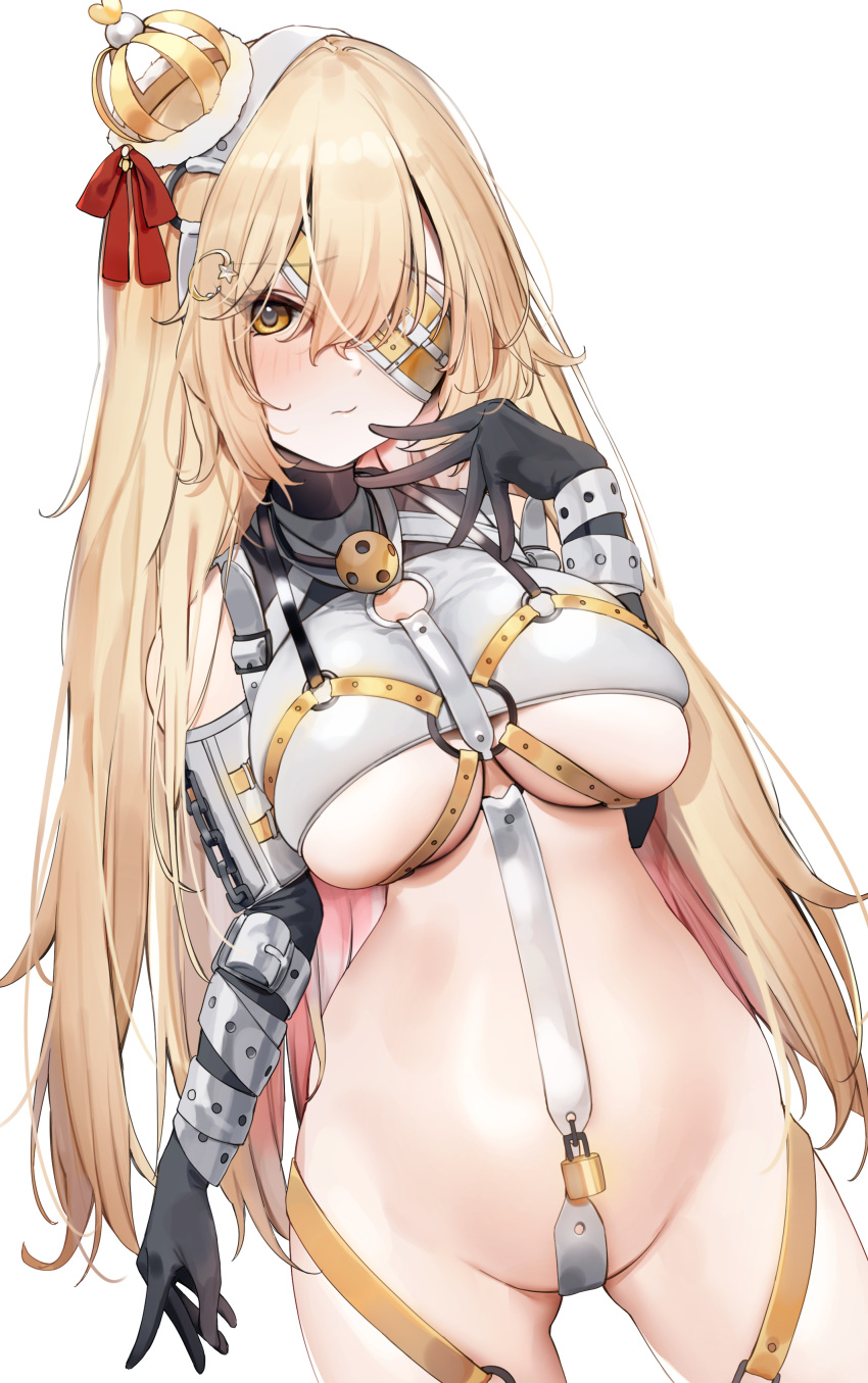 1girl absurdres artist_request bare_shoulders black_gloves blonde_hair bottomless breasts chest_harness closed_mouth commission cosplay cowboy_shot crown dohna_dohna_issho_ni_warui_koto_o_shiyou elbow_gloves eyepatch gloves grey_shirt hand_up harness highres large_breasts long_hair looking_at_viewer no_bra original porno_(dohna_dohna) porno_(dohna_dohna)_(cosplay) revealing_clothes shirt simple_background skindentation sleeveless sleeveless_shirt solo stomach underboob very_long_hair white_background yellow_eyes