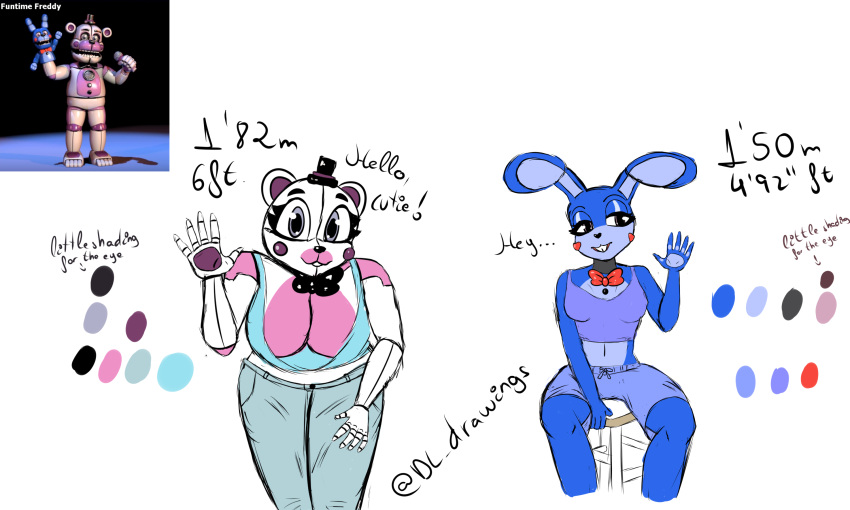 accessory animatronic anthro bent_over big_breasts black_nose blue_body bow_tie breasts buckteeth clothed clothing desesperadoleon duo english_text female five_nights_at_freddy's funtime_freddy_(fnafsl) greeting hat headgear headwear hi_res lagomorph leporid long_ears machine mammal metal multicolored_body open_mouth pink_body puppet_bonnie_(fnafsl) purple_inner_ear robot scottgames sister_location sitting teeth text ursid ursine video_games white_body