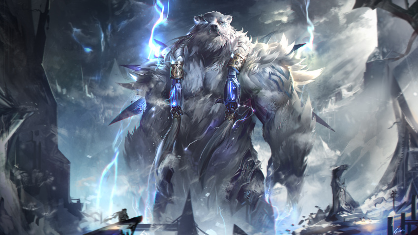 1boy 1other absurdres armor claws cloud cowboy_shot furry furry_male giant glowing glowing_eye highres league_of_legends lightning outdoors snowing storm tattoo teeth volibear white_eyes white_fur wutu_(1183238220)