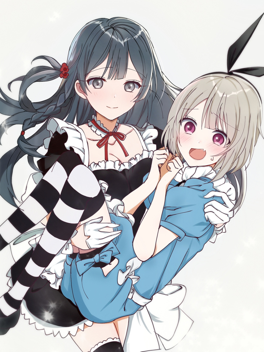 2girls alice_(alice_in_wonderland) alice_(alice_in_wonderland)_(cosplay) apron asymmetrical_hair bangs black_eyes black_hair bob_cut bunny_hair_ornament carrying cosplay frills grey_eyes grey_hair hair_ornament highres long_hair love_live! love_live!_nijigasaki_high_school_idol_club maid maid_apron multiple_girls nakasu_kasumi princess_carry red_eyes short_hair striped striped_legwear yuri yuuki_setsuna_(love_live!)