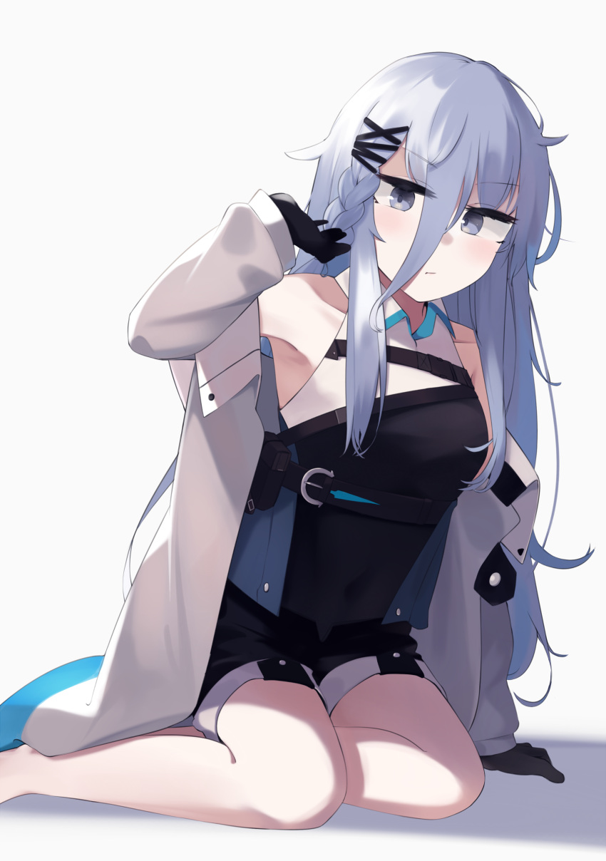 1girl absurdres bangs black_gloves black_shorts braid breasts closed_mouth expressionless eyebrows_visible_through_hair girls'_frontline gloves hair_between_eyes hair_ornament hairclip hand_in_hair hand_on_floor highres hinami047 jacket light_blue_eyes light_blue_hair long_hair looking_at_viewer mod3_(girls'_frontline) open_clothes open_jacket seiza shorts sitting solo white_background white_jacket xm8_(girls'_frontline)
