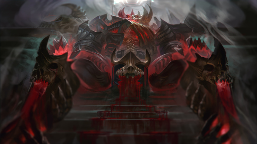 1boy absurdres armor blood bone character_request check_character fake_horns from_below full_armor glowing grey_background helm helmet highres horned_helmet horns league_of_legends male_focus mordekaiser red_eyes red_theme sitting solo spine stairs wutu_(1183238220)