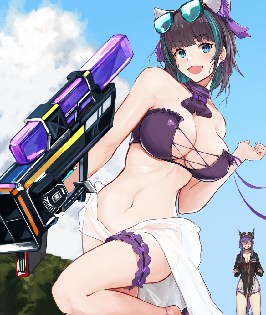 2girls :d arknights azur_lane bangs bare_shoulders blue_sky blunt_bangs blush breasts ch'en_(arknights) ch'en_the_holungday_(arknights) cheshire_(azur_lane) cheshire_(summery_date!)_(azur_lane) cleavage cloud collarbone commentary_request cowboy_shot day eyebrows_visible_through_hair hair_between_eyes highres looking_at_viewer marshall_k midriff multiple_girls navel open_mouth outdoors partial_commentary sidelocks sky smile solo_focus standing standing_on_one_leg
