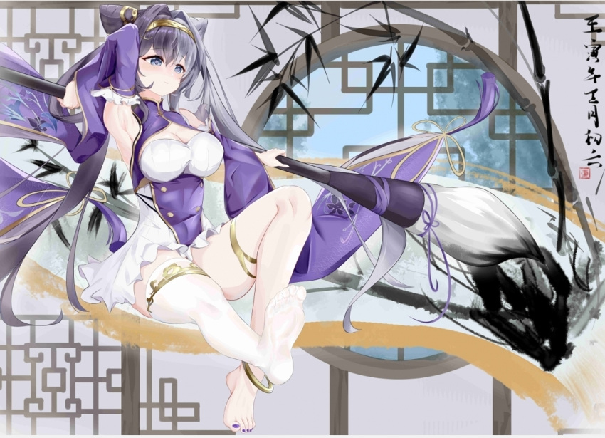 1girl 3098644761 armpits azur_lane barefoot breasts cleavage dress framed_breasts full_body giant_brush gold_hairband hair_cones hair_horns holding holding_brush large_breasts long_hair looking_at_viewer multicolored_hair nail_polish print_sleeves purple_dress purple_eyes purple_nails single_thighhigh sitting solo split-color_hair thighhighs toenail_polish toenails two-tone_hair white_dress white_hair white_legwear ying_swei_(azur_lane)