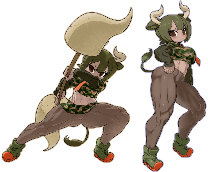 1girl animal_ears animal_print arm_at_side aurochs_(kemono_friends) breasts brown_eyes brown_legwear camouflage camouflage_shirt camouflage_skirt collared_shirt cow_girl cow_horns cow_print cow_tail cropped_shirt empty_eyes eyebrows_visible_through_hair fighting_stance full_body green_hair hand_on_hip highres holding holding_polearm holding_weapon horizontal_pupils horn_lance horns kemono_friends kuro_(kurojill) lance layered_sleeves long_sleeves looking_at_viewer medium_hair microskirt midriff multiple_views muscular muscular_female navel necktie no_pants pantyhose polearm print_shirt print_skirt shirt shoes short_over_long_sleeves short_sleeves simple_background skirt spread_legs standing stomach tail tan thick_thighs thighs v-shaped_eyebrows weapon white_background wing_collar