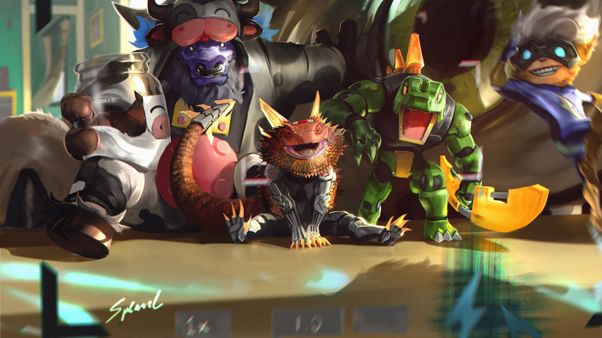 3boys alistar_(league_of_legends) animal_costume beard blue_shirt bottle character_request check_character claws cow_costume creature eye_focus facial_hair glowing glowing_eyes grin happy highres holding holding_bottle kennen kog'maw league_of_legends lizard long_hair looking_at_viewer moo_cow_alistar multiple_boys open_mouth pug'maw renekton renektoy shirt sitting skaarl smile super_kennen teeth tongue wutu_(1183238220)