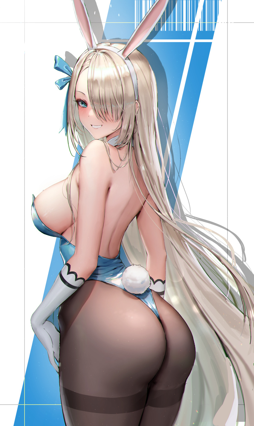 1girl absurdres animal_ears ass asuna_(blue_archive) blonde_hair blue_archive blue_bow blue_bowtie blue_eyes blue_leotard blue_ribbon bow bowtie breasts brown_legwear cleavage cowboy_shot detached_collar fake_animal_ears fake_tail from_behind gloves grin hair_over_one_eye hair_ribbon highres jademoon large_breasts leotard long_hair looking_at_viewer looking_back pantyhose playboy_bunny rabbit_ears rabbit_tail ribbon sideboob smile solo tail thong_leotard very_long_hair white_gloves