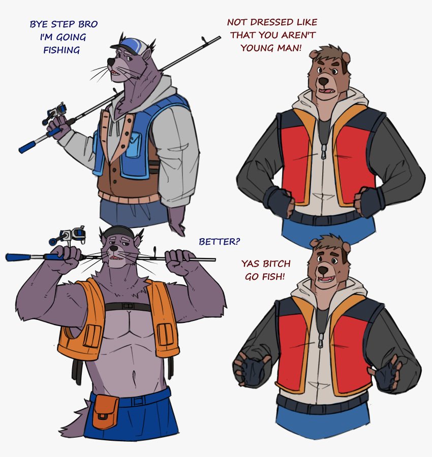 2022 7theaven absurd_res anthro baseball_cap belt binturong bottomwear clothed clothing dialogue duo english_text eyebrows fingerless_gloves fishing_rod fur gloves hair handwear hat headgear headwear hi_res hoodie humor male mammal meme muscular muscular_anthro muscular_male narrowed_eyes navel open_clothing open_mouth open_smile open_topwear open_vest pants pecs pouch_(clothing) simple_background smile teeth text tongue topless topless_anthro topless_male topwear tuft ursid vest viverrid whiskers white_background