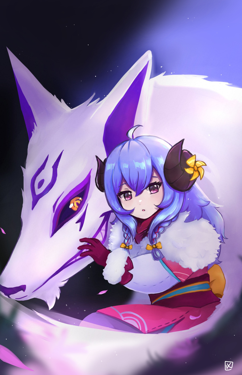 1girl :o absurdres ahoge artist_logo bangs blue_hair braid cowboy_shot curled_horns flower fur_trim gloves grin hair_between_eyes hair_flower hair_ornament highres horns kato_yuurina kindred_(league_of_legends) lamb_(league_of_legends) league_of_legends long_hair official_alternate_costume purple_hair red_gloves sharp_teeth shiny shiny_hair smile spirit_blossom_(league_of_legends) spirit_blossom_kindred teeth twin_braids