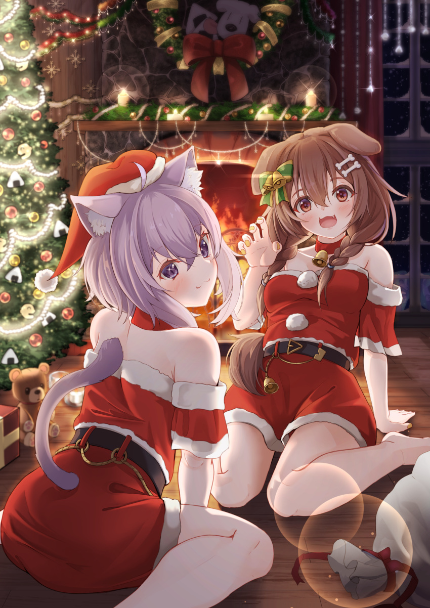 2girls :3 :d absurdres ahoge animal_ear_fluff animal_ears bag bangs bare_shoulders barefoot bell belt between_legs black_belt blush bone_hair_ornament bow brown_hair candle cat_ears cat_tail choker christmas christmas_tree claw_pose collarbone dog_ears dog_tail dress fang fingernails fire fireplace from_behind gift green_bow hair_bell hair_between_eyes hair_bow hair_ornament hair_over_shoulder hand_between_legs hat highres hololive indoors inugami_korone long_hair looking_at_viewer looking_back multiple_girls neck_bell nekomata_okayu night nyoon off-shoulder_dress off_shoulder on_floor purple_eyes purple_hair red_choker red_dress red_eyes red_headwear santa_costume santa_dress santa_hat scenery short_dress short_sleeves sitting smile stuffed_animal stuffed_toy tail tail_raised teddy_bear virtual_youtuber wariza window wooden_floor