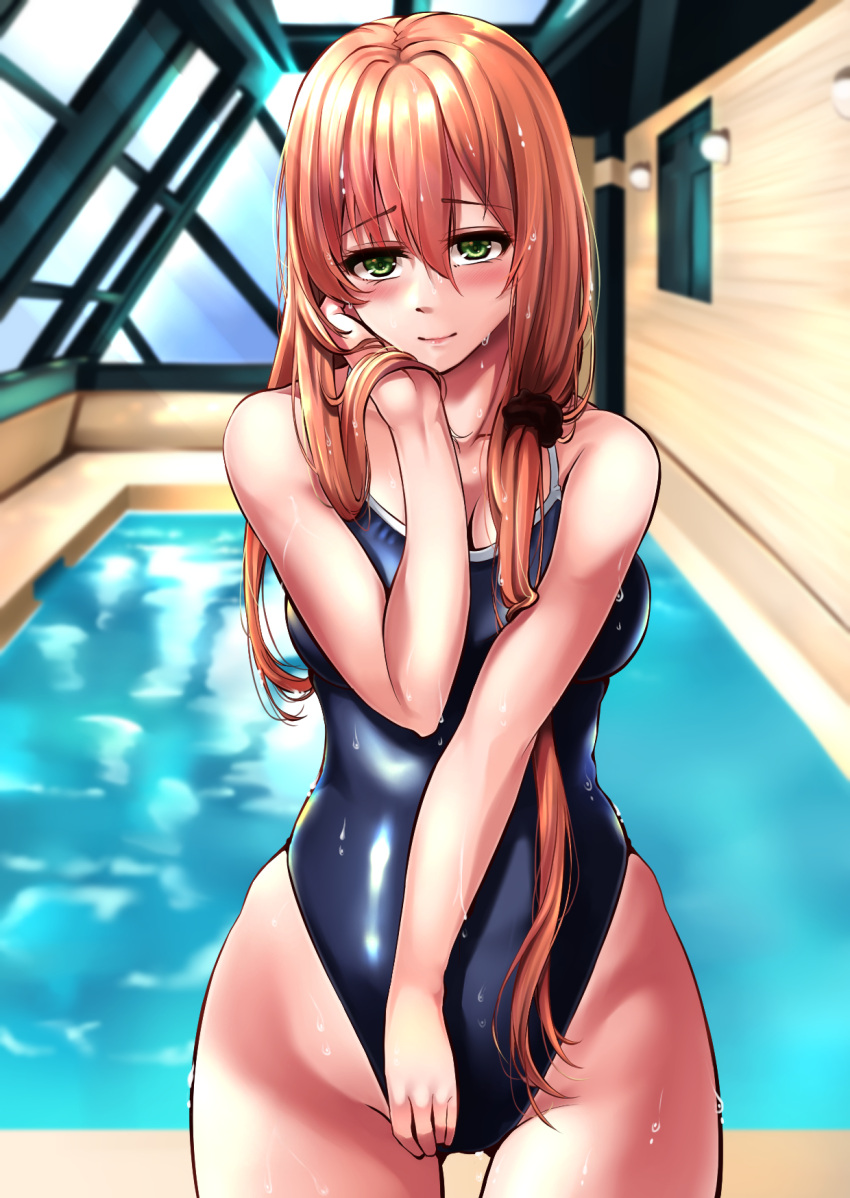 1girl bangs bare_shoulders blue_swimsuit blush breasts cleavage closed_mouth collarbone competition_swimsuit eyebrows_visible_through_hair feet_out_of_frame girls'_frontline green_eyes hair_ornament hairclip hand_in_hair highres lips long_hair looking_at_viewer medium_breasts one-piece_swimsuit orange_hair pool rei_no_pool simple_background solo springfield_(girls'_frontline) standing swimsuit wet wet_clothes wet_swimsuit xlscaler