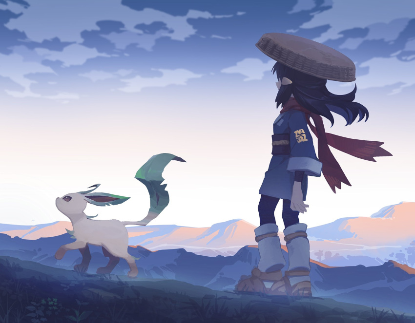 1girl akari_(pokemon) black_hair black_legwear blue_kimono blue_sky brown_footwear cloud commentary_request day facing_away floating_hair from_side hair_ornament hairclip highres japanese_clothes kimono leafeon long_hair long_sleeves mountain obi outdoors pantyhose pokemon pokemon_(game) pokemon_legends:_arceus red_scarf sash scarf sky tugo