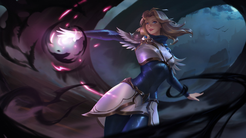 1girl armor bangs black_bodysuit blonde_hair blue_eyes bodysuit breasts highres jangsunyo league_of_legends long_hair long_sleeves lux_(league_of_legends) magic medium_breasts parted_lips shiny shiny_hair shoulder_plates skirt smile solo white_skirt