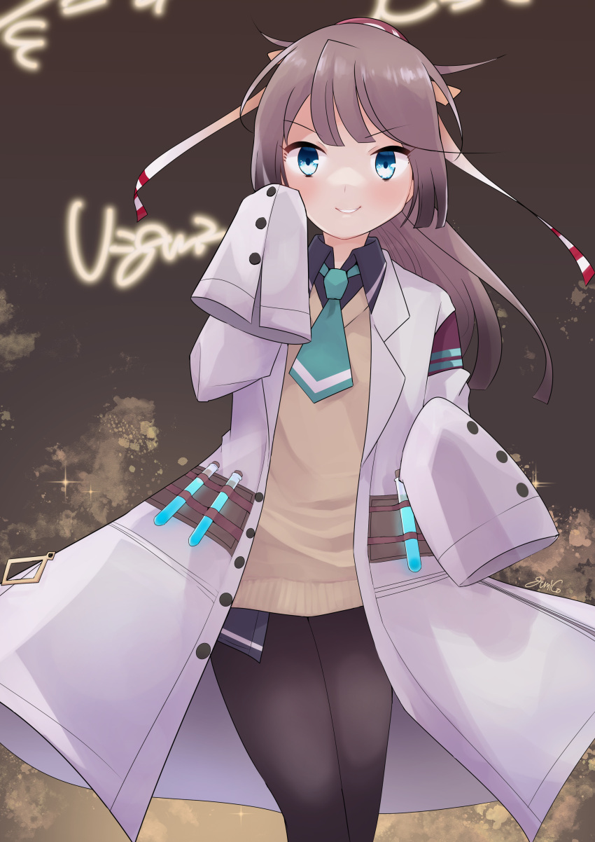 1girl absurdres agnes_tachyon_(umamusume) agnes_tachyon_(umamusume)_(cosplay) black_legwear black_necktie blue_eyes brown_hair collared_shirt commentary_request cosplay gumiko hair_ribbon highres kantai_collection kazagumo_(kancolle) labcoat long_hair looking_at_viewer necktie pantyhose ponytail ribbon shirt sleeves_past_fingers sleeves_past_wrists solo sweater sweater_vest umamusume yellow_sweater