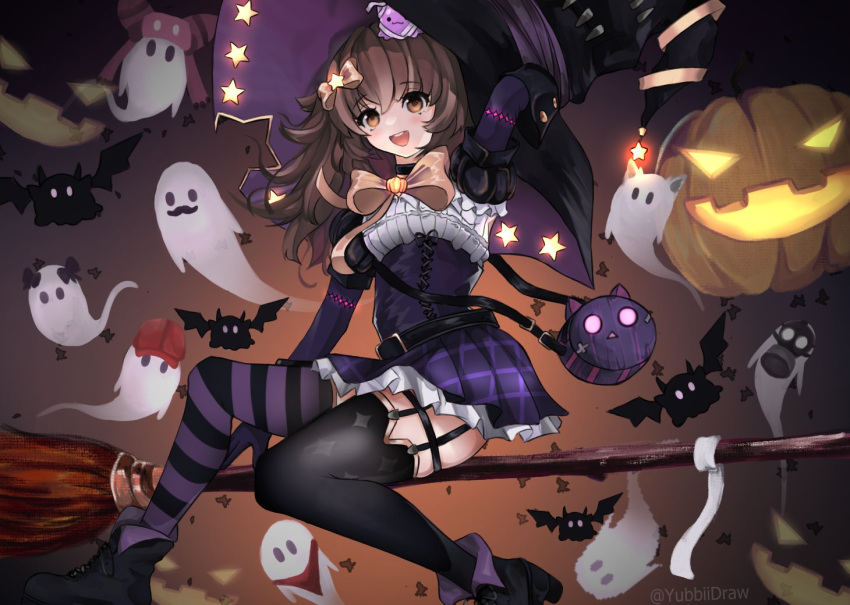 1girl alternate_costume asymmetrical_legwear bat blob broom broom_riding brown_eyes brown_hair centi_(nimu) ghost hair_ornament halloween halloween_costume hat indie_virtual_youtuber jack-o'-lantern long_hair nimu_(vtuber) puffy_short_sleeves puffy_sleeves pumpkin short_sleeves skirt smile solo star_(symbol) star_hair_ornament striped striped_legwear thighhighs virtual_youtuber witch witch_hat yubbiidraw