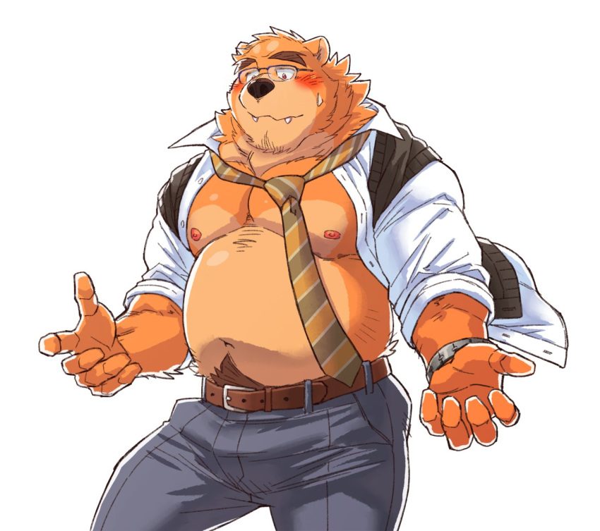 2022 anthro belly blush bottomwear canid canine canis clothed clothing cute_fangs domestic_dog eyewear glasses hi_res humanoid_hands kemono male mammal moobs necktie nipples open_clothing open_shirt open_topwear overweight overweight_male pants ryuta-h shirt solo topwear ursid