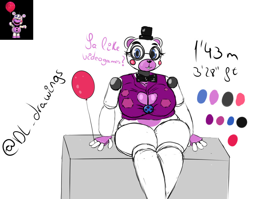 animatronic anthro balloon big_breasts black_clothing black_hat black_headwear blue_eyes bow_tie breasts clothing crossgender desesperadoleon dress_shirt english_text eyewear female five_nights_at_freddy's five_nights_at_freddy's:_security_breach glasses hat headgear headwear helpy_(fnaf) hi_res huge_breasts inflatable joints machine mammal multicolored_body overweight overweight_female pink_body purple_inner_ear robot scottgames shirt sister_location sitting solo stitch_(disambiguation) text thick_thighs top_hat topwear ursid ursine video_games white_body