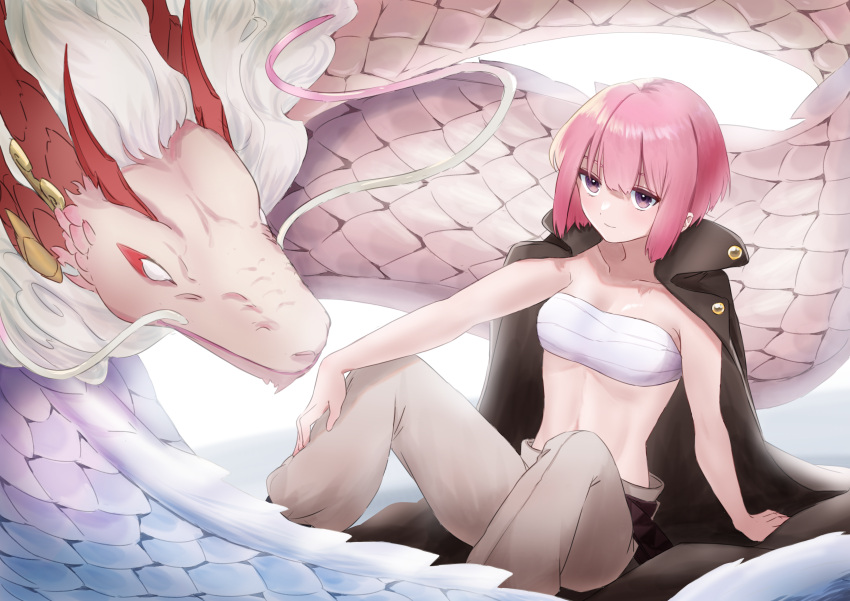 1girl absurdres alchemy_stars bandages bandeau bangs bare_arms chest_sarashi chiise coat coat_on_shoulders dragon eastern_dragon grey_pants highres hiiro_(alchemy_stars) looking_at_viewer midriff pants pink_hair purple_eyes sarashi short_hair sitting smile solo stomach strapless tube_top white_background