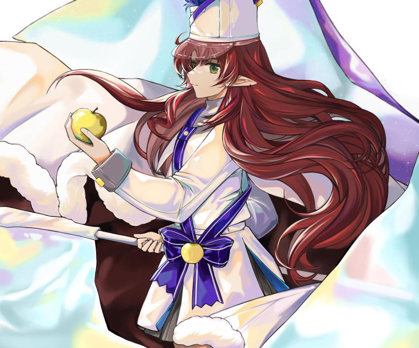 1girl apple arknights bangs blue_bow bow chinese_commentary closed_mouth commentary_request cowboy_shot dress eyebrows_behind_hair flag food fruit golden_apple green_eyes highres holding holding_flag holding_food holding_fruit long_hair myrtle_(arknights) myrtle_(light_gold_celebration)_(arknights) official_alternate_costume pointy_ears red_hair smile solo tamashii-s very_long_hair white_dress white_headwear