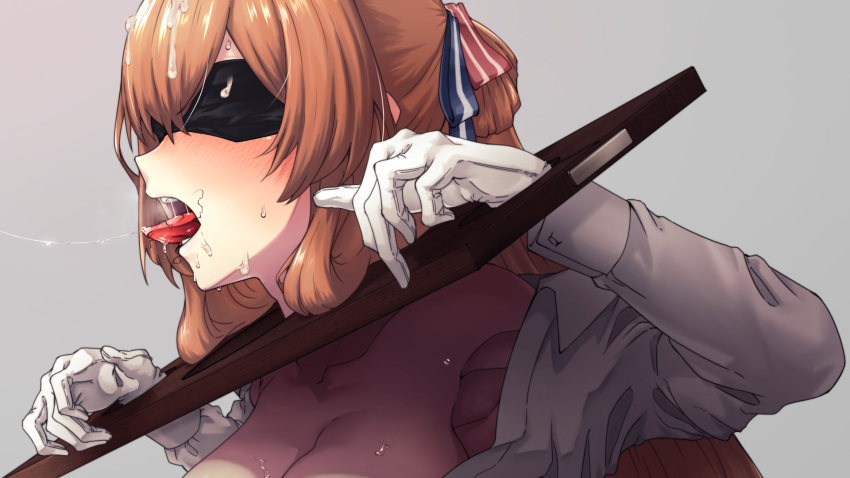 1girl black_blindfold blindfold bound bound_wrists breasts breasts_out brown_hair collarbone collared_shirt covered_eyes cum cum_on_hair facial girls'_frontline hair_rings highres large_breasts long_hair long_sleeves nakiusagi off_shoulder open_clothes open_mouth open_shirt out-of-frame_censoring pillory ponytail shirt sidelocks solo springfield_(girls'_frontline) tongue tongue_out upper_body white_shirt