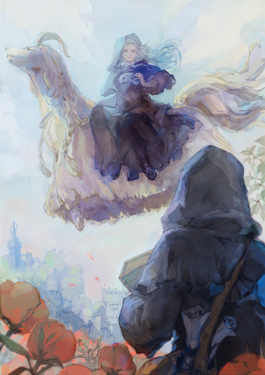 1girl 1other ambiguous_gender argos_(ff14) black_robe building cloud commentary crate dog facing_away final_fantasy final_fantasy_xiv flower flying grey_eyes highres holding hood hood_up hooded_robe long_hair mask mask_removed outdoors red_flower riding silver_hair sky taroumarimo3 venat_(ff14)
