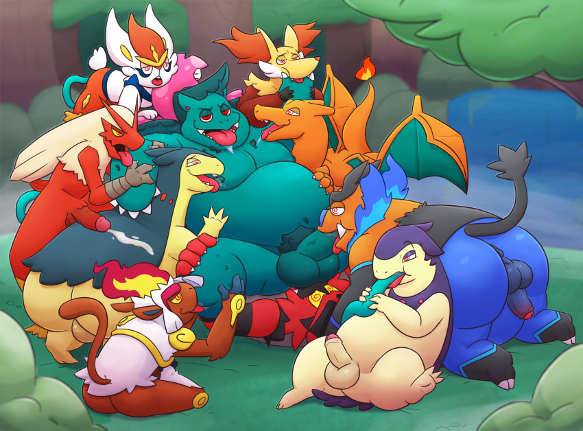 2022 anthro balls belly blaziken blue_body butt charizard cinderace delphox detailed_background emboar erection feet foot_fetish foot_lick foot_play genitals green_body group hi_res hisuian_typhlosion hypnosis incineroar infernape leonthelionel licking male male/male mind_control moobs nintendo nipples oral orange_body overweight overweight_male penis plant pok&eacute;mon pok&eacute;mon_(species) pubes red_body regional_form_(pok&eacute;mon) shiny_pok&eacute;mon sitting tongue tongue_out tree typhlosion venusaur video_games white_body wings