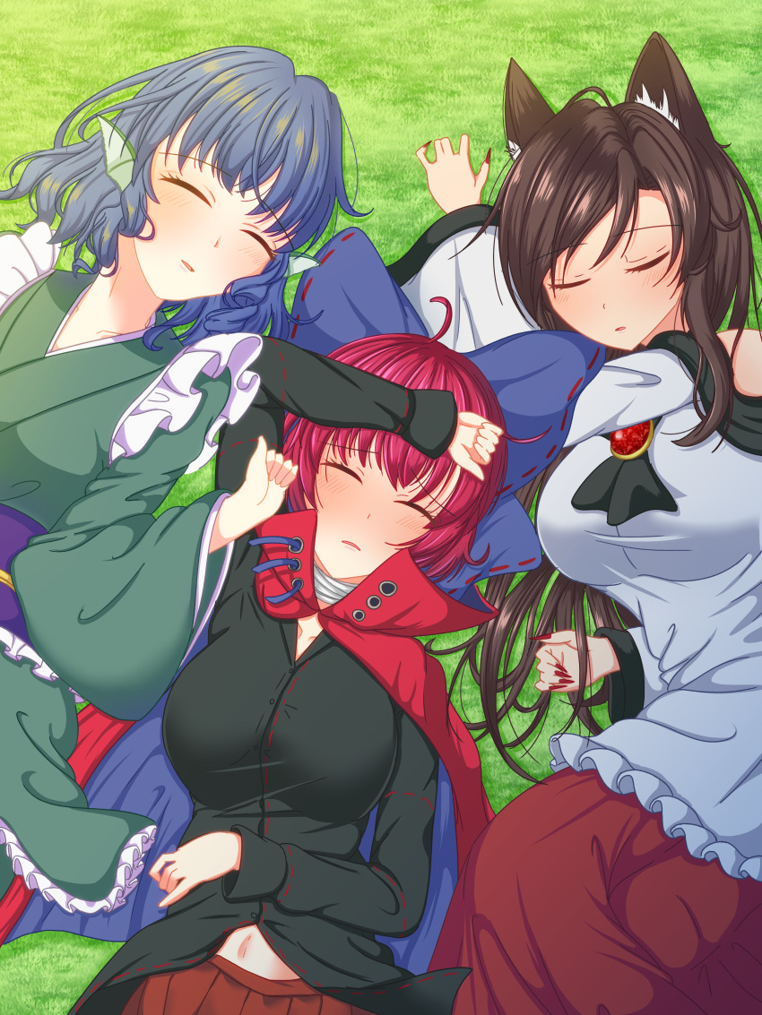 3girls absurdres animal_ear_fluff animal_ears baketsumuri bandages black_shirt blue_bow blue_hair bow breasts brooch brown_hair cloak closed_eyes dress drill_hair drill_locks fingernails frilled_kimono frills grass grass_root_youkai_network green_kimono hair_bow head_fins highres imaizumi_kagerou japanese_clothes jewelry kimono long_fingernails long_hair long_sleeves multiple_girls navel obi off-shoulder_dress off_shoulder purple_sash red_cloak red_hair red_nails red_skirt sash sekibanki sekibanki_day shirt short_hair skirt sleeping touhou wakasagihime white_dress wolf_ears