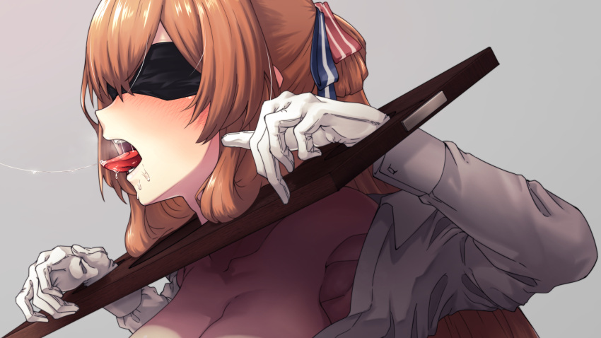 1girl black_blindfold blindfold bound bound_wrists breasts breasts_out brown_hair collarbone collared_shirt covered_eyes girls'_frontline hair_rings highres large_breasts long_hair long_sleeves nakiusagi off_shoulder open_clothes open_mouth open_shirt out-of-frame_censoring pillory ponytail shirt sidelocks solo springfield_(girls'_frontline) tongue tongue_out upper_body white_shirt