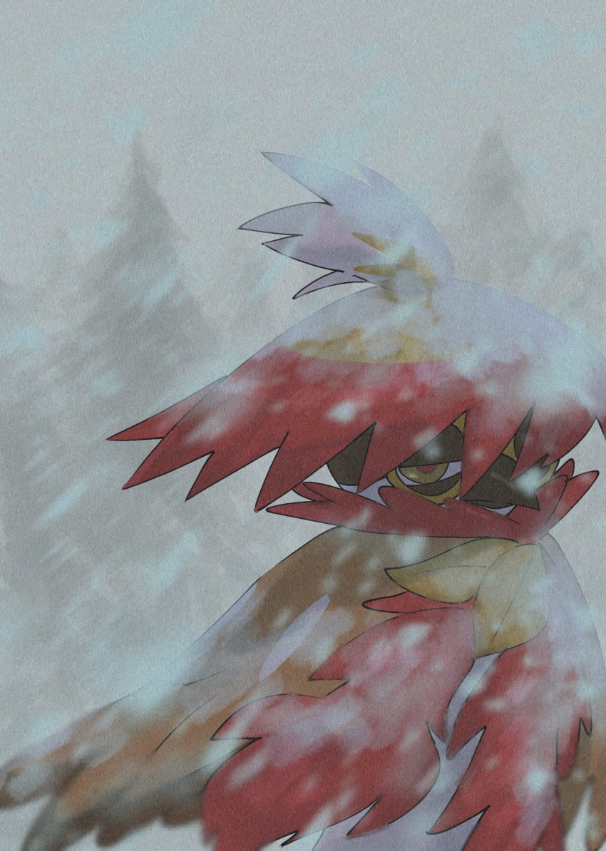 beak closed_mouth commentary_request highres hisuian_decidueye hungry_seishin looking_at_viewer no_humans outdoors pokemon pokemon_(creature) red_pupils snowing solo spoilers tree yellow_eyes