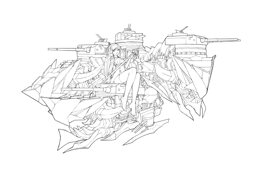 1girl absurdres artillery azur_lane breasts epaulettes full_body highres holding holding_sword holding_weapon horns lineart long_hair mechanical_animal medium_breasts nerone-claudius original personification prinz_rupprecht_(battlecruiser) rapier rigging simple_background sitting solo sword thighhighs turret very_long_hair weapon white_background