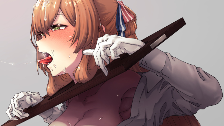 1girl bound bound_wrists breasts breasts_out brown_hair collarbone collared_shirt cum cum_on_hair facial girls'_frontline green_eyes hair_rings highres large_breasts long_hair long_sleeves nakiusagi off_shoulder open_clothes open_mouth open_shirt out-of-frame_censoring pillory ponytail shirt sidelocks solo springfield_(girls'_frontline) tongue tongue_out upper_body white_shirt