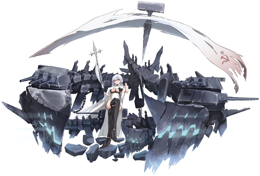 1girl absurdres artillery azur_lane battleship black_footwear black_gloves boots breasts coat cross-laced_footwear crossed_legs full_body gloves hair_between_eyes hammer_and_sickle high_heel_boots high_heels highres holding holding_polearm holding_weapon ice large_breasts looking_at_viewer military military_vehicle nerone-claudius northern_parliament_(emblem) original personification polearm red_eyes rigging ship simple_background solo spear thigh_boots thighhighs turret underboob vladivostok_(battleship) warship watercraft weapon white_background white_coat white_hair