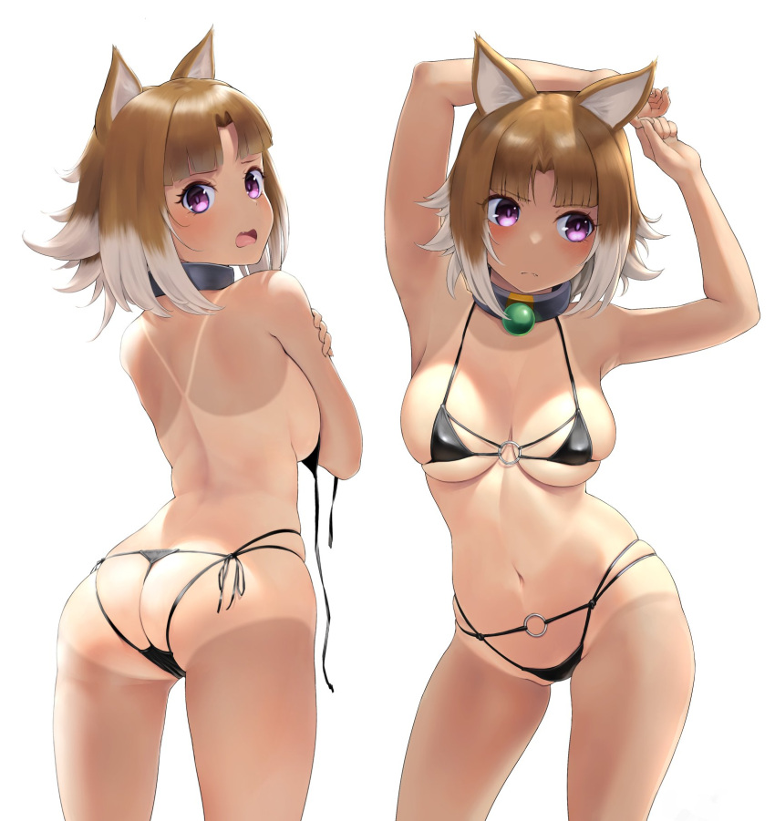 1girl alternate_breast_size animal_ears arcana_heart arcana_heart_2 ass back bangs bikini black_bikini blush breasts brown_hair cleavage collarbone commentary_request highres inuwaka_nazuna large_breasts looking_at_viewer looking_back looking_to_the_side multiple_views navel open_mouth parted_bangs purple_eyes short_hair sidelocks skindentation swimsuit tan tanlines thighs untied wa_(genryusui)