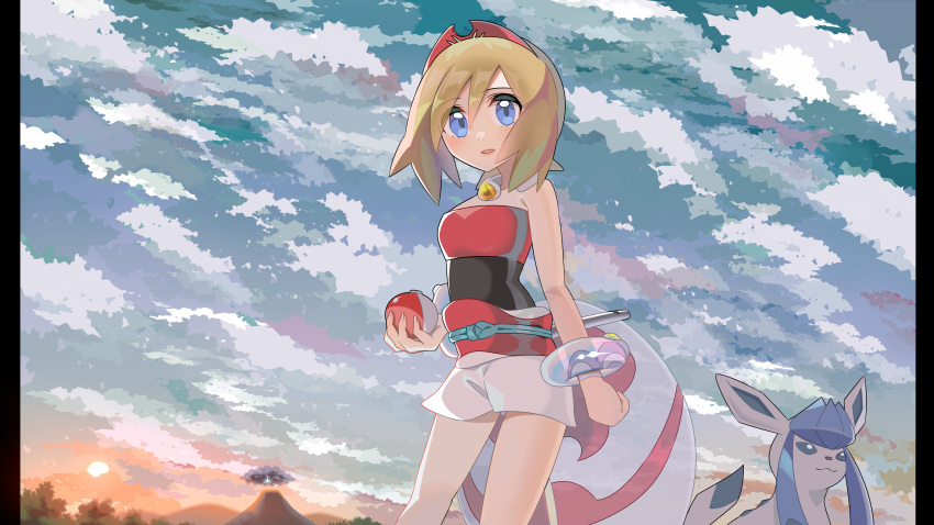1girl absurdres ao_hito bangs blonde_hair blue_eyes blush bracelet cloud commentary_request flute from_below glaceon hair_between_eyes highres holding holding_poke_ball instrument irida_(pokemon) jewelry medium_hair mountain outdoors poke_ball pokemon pokemon_(creature) pokemon_(game) pokemon_legends:_arceus red_shirt sash shirt shorts sky strapless strapless_shirt sun waist_cape white_shorts