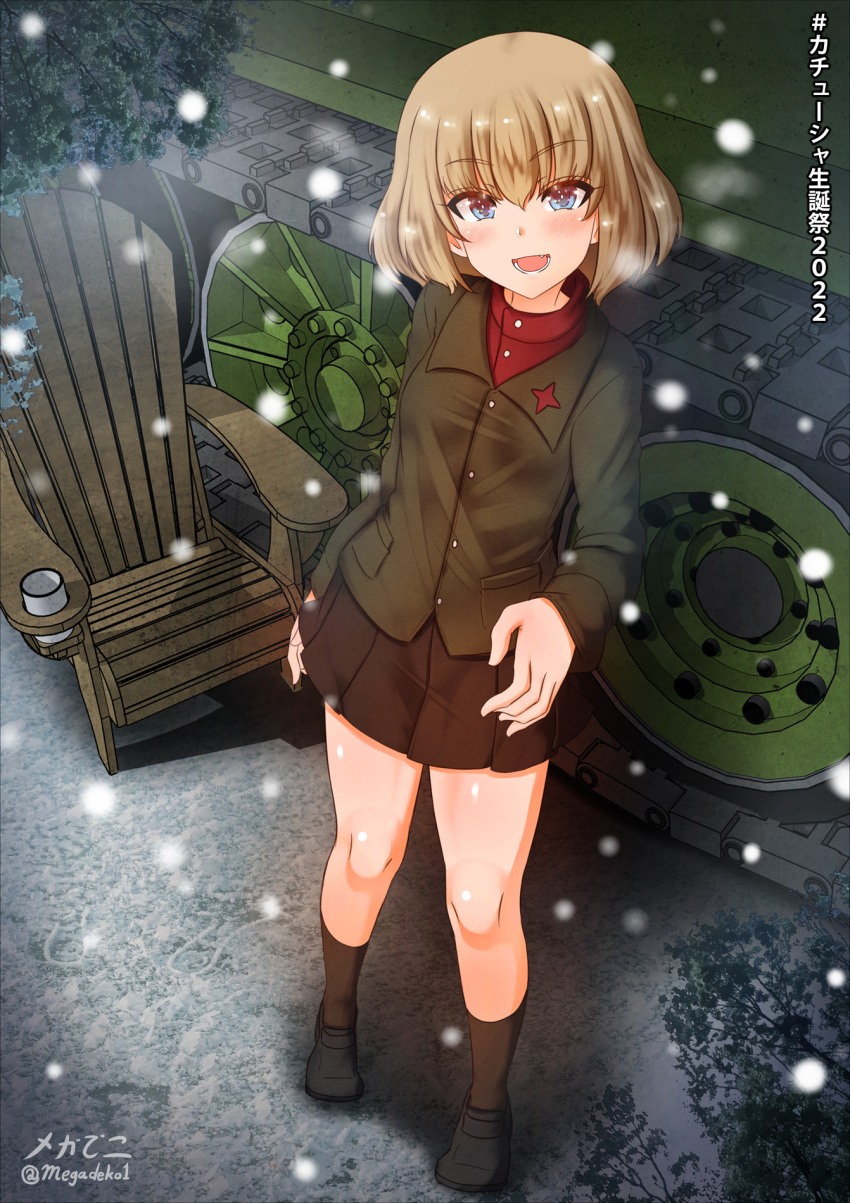 1girl aquaegg black_skirt blonde_hair blue_eyes blush breasts eyebrows_visible_through_hair girls_und_panzer ground_vehicle highres katyusha_(girls_und_panzer) looking_at_viewer military military_uniform military_vehicle miniskirt motor_vehicle open_mouth outdoors pleated_skirt pravda_military_uniform shiny shiny_hair shiny_skin short_hair skirt small_breasts smile snowing solo standing tank uniform