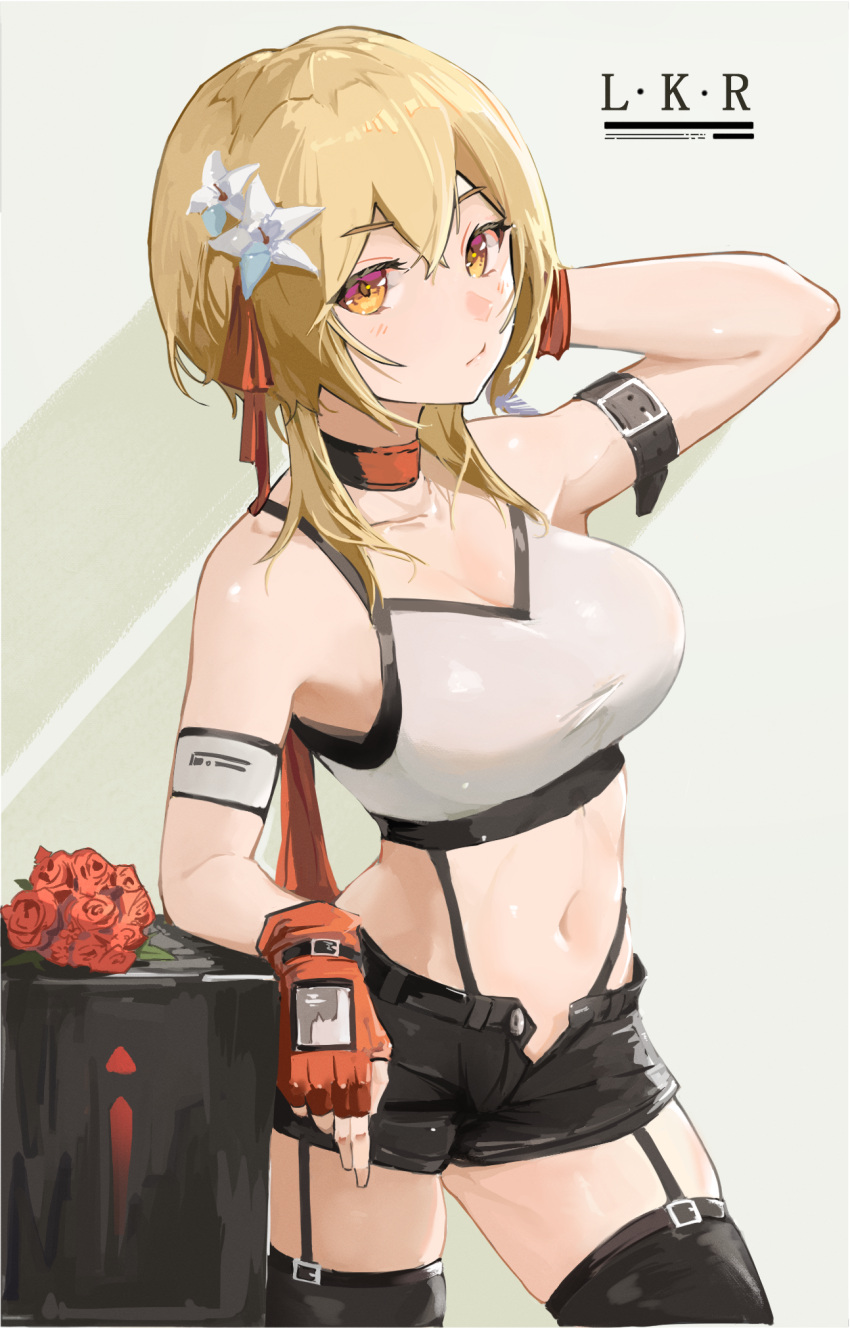 1girl arm_behind_head arm_belt arm_up armband bangs bare_shoulders black_legwear black_shorts blonde_hair breasts camisole choker cleavage commentary cowboy_shot crop_top fingerless_gloves flower garter_straps genshin_impact gloves grey_background hair_between_eyes hair_flower hair_ornament highres large_breasts lumine_(genshin_impact) lycsakd midriff navel open_fly red_choker red_flower red_gloves red_rose rose short_hair short_shorts shorts solo spaghetti_strap stomach thighhighs thighs white_flower yellow_eyes