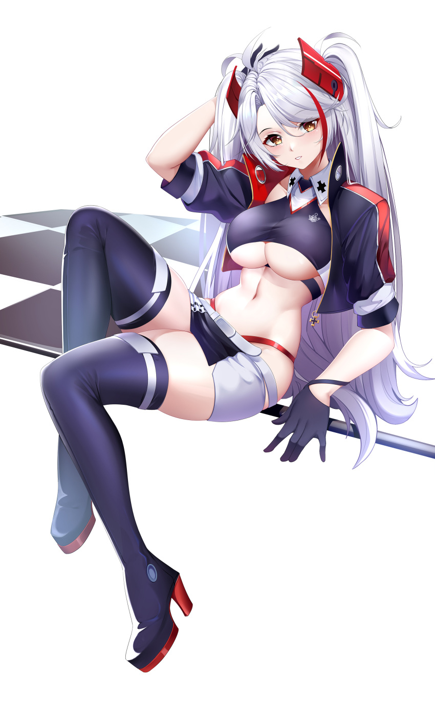 1girl absurdres azur_lane belt boots breasts checkered_flag clothing_cutout cropped_shirt eyebrows_visible_through_hair flag full_body gloves half_gloves hand_in_hair headgear high_heel_boots high_heels highres jacket long_hair looking_at_viewer midriff multicolored_hair navel official_alternate_costume open_clothes open_jacket panties panty_straps prinz_eugen_(azur_lane) prinz_eugen_(final_lap)_(azur_lane) purple_footwear purple_jacket race_queen red_hair red_panties simple_background streaked_hair thigh_boots thighhighs thighs two-tone_hair two-tone_skirt underboob underboob_cutout underwear very_long_hair white_background white_belt white_hair xi_(377684317) yellow_eyes zipper zipper_pull_tab