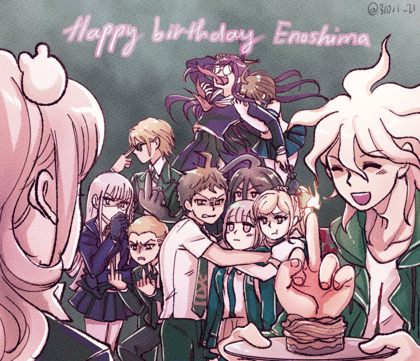 5boys 6+girls :d adjusting_eyewear ahoge angry bangs black_hair black_suit blonde_hair bow_hairband brown_hair cake commentary_request danganronpa:_trigger_happy_havoc danganronpa_(series) danganronpa_2:_goodbye_despair danganronpa_another_episode:_ultra_despair_girls disgust dress enoshima_junko fire food fukawa_touko genocider_shou glasses gloves grabbing grabbing_from_behind green_eyes green_jacket hair_ornament hairband hairclip hands_on_another's_shoulders hands_on_own_face happy_birthday highres hinata_hajime hood hoodie jacket kamukura_izuru kirigiri_kyouko komaeda_nagito kuzuryuu_fuyuhiko long_hair middle_finger midori_(310ri_21) multiple_boys multiple_girls naegi_komaru nanami_chiaki necktie pleated_skirt pout purple_hair purple_jacket red_eyes sailor_collar sailor_dress scissors shirt skirt smile sonia_nevermind sunglasses togami_byakuya tongue tongue_out white_hair white_mask white_shirt