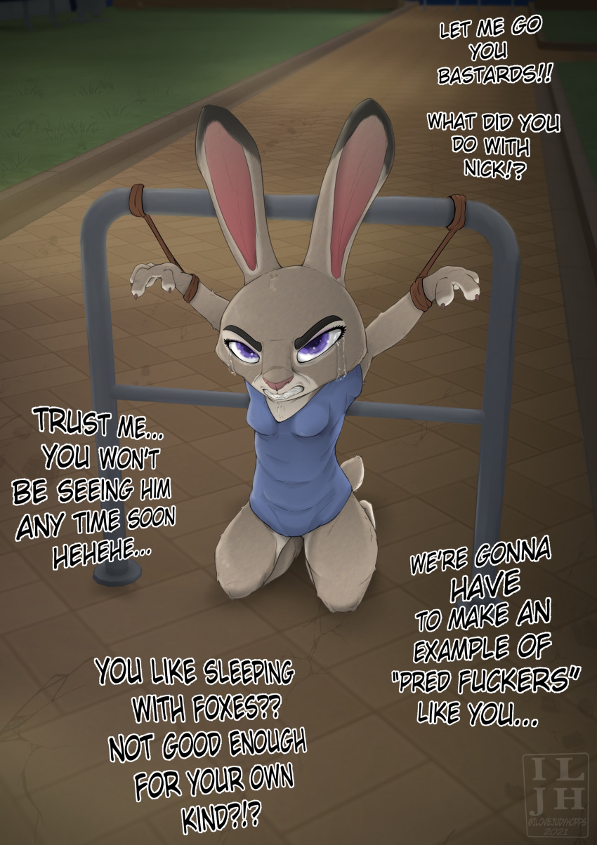 absurd_res angry anthro arms_tied betrayal bodily_fluids bound butt captured clenched_teeth crying dark disney ears_up female forced hands_tied hi_res ilovejudyhopps imminent_rape judy_hopps lagomorph leporid looking_up mammal night no_pants nude park police_brutality predator/prey prey_(disambiguation) prey_pov rabbit rape solo tears teeth text zero_pictured zootopia
