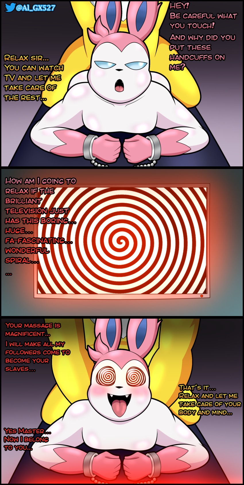 2022 absurd_res al_gx anthro brainwashing comic cuff_(restraint) dialogue digital_drawing_(artwork) digital_media_(artwork) dominant domination/submission duo eeveelution english_text girly handcuffs hi_res hypno_(pok&eacute;mon) hypnosis male male/male massage metal_cuffs mind_control nintendo nude pok&eacute;mon pok&eacute;mon_(species) restraints seductive story story_in_description sylveon television text tricked video_games