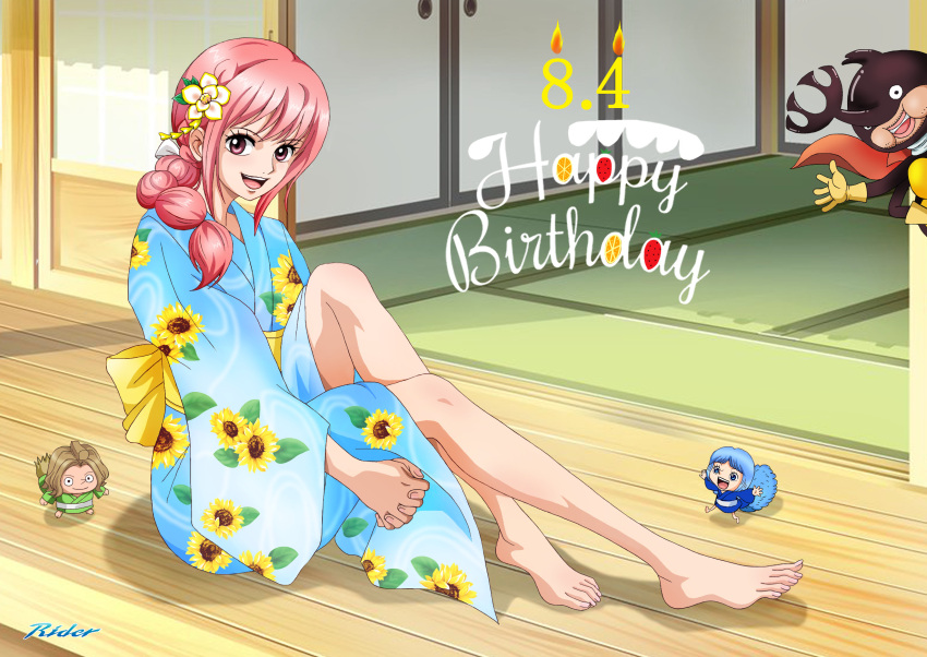 2boys 2girls alternate_costume architecture artist_logo bangs barefoot blue_kimono dated east_asian_architecture floral_print flower hair_flower hair_ornament happy_birthday highres japanese_clothes kabu kimono knee_up legs leo_(one_piece) long_hair long_legs looking_at_viewer multiple_boys multiple_girls obi one_piece pink_eyes pink_hair ponytail raida_(user_yypr5857) rebecca_(one_piece) sash shadow shiny shiny_hair sidelocks sitting smile teeth toes tongue upper_teeth wicca yellow_sash yukata