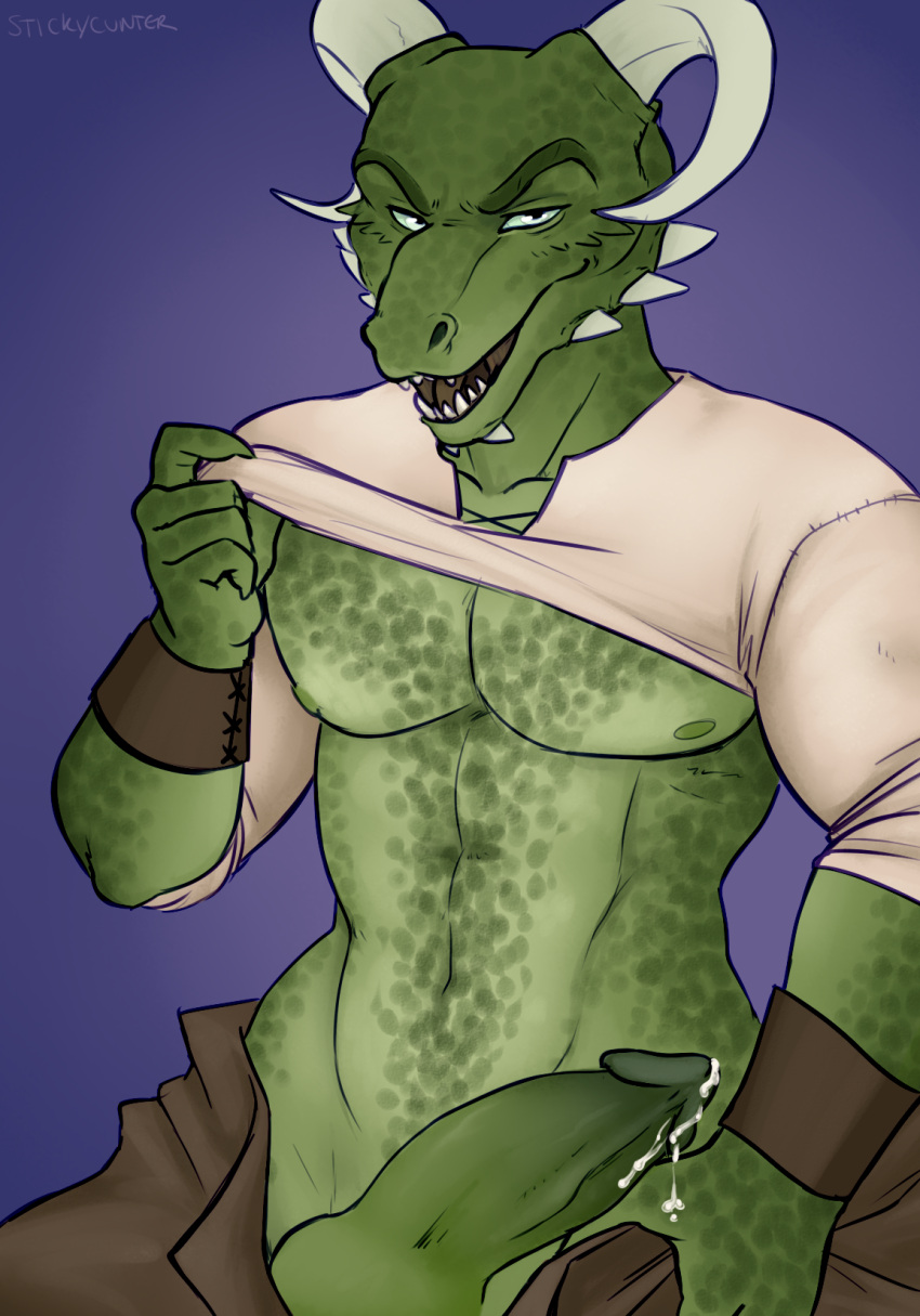 argonian armor bethesda_softworks big_penis bodily_fluids bottomwear bracers clothed clothing clothing_lift derkeethus dripping erection eye_contact facial_horn genital_fluids genitals green_body green_skin hi_res holding_clothing holding_object holding_shirt holding_topwear horn humanoid looking_at_another looking_at_viewer male muscular muscular_male open_bottomwear open_clothing open_mouth open_pants pants penis precum precum_drip pulling_pants_down scalie sharp_teeth shirt shirt_lift solo solo_focus stickycunter teeth the_elder_scrolls topwear video_games white_clothing white_horn white_shirt white_topwear