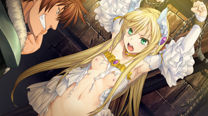 1boy 1girl against_wall armpits arms_up bangs blonde_hair bound bound_wrists breasts brown_hair chain collarbone detached_sleeves dress game_cg grey_eyes grin hair_between_eyes long_hair long_sleeves navel nipples open_mouth orion_(orionproject) rance rance_ix restrained sheila_helman short_hair small_breasts smile stone_wall strapless strapless_dress torn_clothes torn_dress very_long_hair wall white_dress white_sleeves