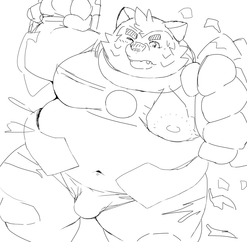 2022 absurd_res anthro belly blush bodily_fluids bulge canid canine canis clothing domestic_dog hi_res humanoid_hands kemono lifewonders live-a-hero male mammal marumori0619 mokdai moobs navel nipples one_eye_closed overweight overweight_male sketch solo sweat underwear video_games