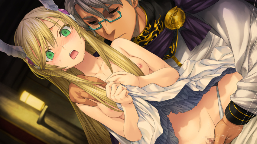 1boy 1girl age_difference aqua-framed_eyewear bangs bed_sheet blonde_hair blush breasts censored closed_eyes clothes_lift collarbone dutch_angle fingering game_cg glasses green_eyes hair_between_eyes hand_on_another's_shoulder hetero indoors lifted_by_self long_hair long_sleeves mosaic_censoring nipples open_mouth orion_(orionproject) panties pussy_juice rance_ix rectangular_eyewear sheila_helman short_hair silver_hair skirt skirt_lift small_breasts topless underwear very_long_hair white_panties white_skirt