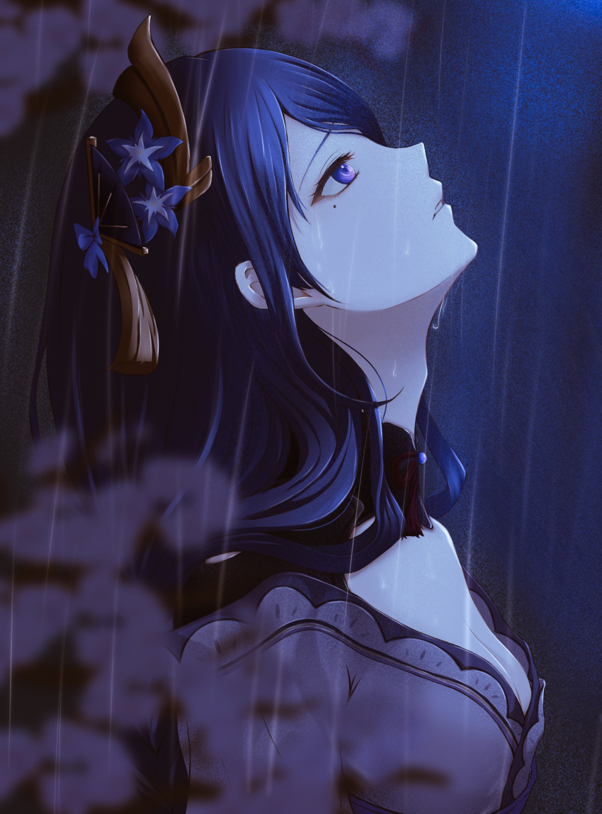 1girl absurdres black_choker blue_eyes blue_flower blue_hair blurry blurry_foreground breasts choker cleavage flower genshin_impact hair_flower hair_ornament highres long_hair looking_up medium_breasts mole mole_under_eye nisikm parted_lips profile raiden_shogun rain red_ribbon ribbon solo upper_body