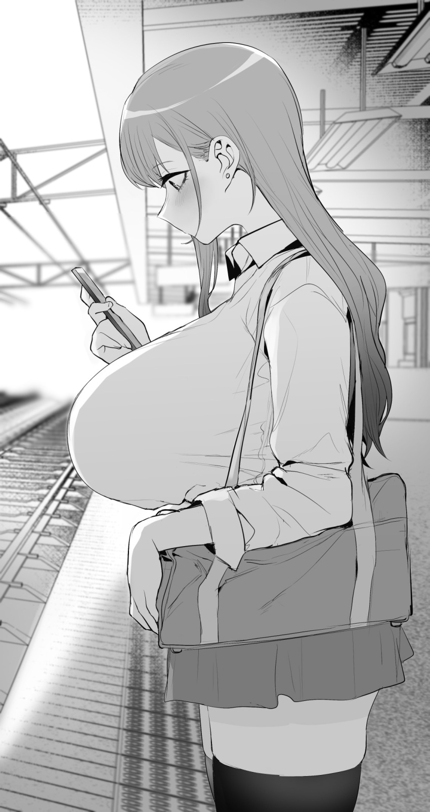 1girl bag bangs blush breasts cellphone collared_shirt commentary_request earrings from_side greyscale hair_behind_ear highres holding holding_phone huge_breasts jewelry long_hair looking_at_phone monochrome original outdoors phone pleated_skirt railroad_tracks ricochet-gou school_bag school_uniform shirt skirt sleeves_folded_up smartphone solo standing thighhighs thighs train_station