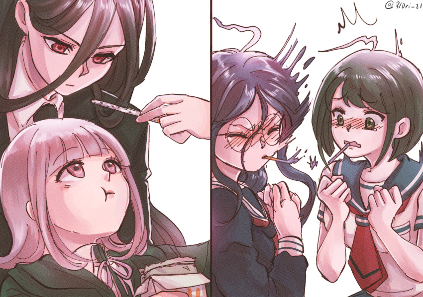 1boy 3girls ahoge bangs black_hair black_jacket black_necktie black_shirt blunt_bangs blush breast_pocket clenched_hands closed_mouth danganronpa_(series) danganronpa_2:_goodbye_despair danganronpa_another_episode:_ultra_despair_girls eyebrows_visible_through_hair food fukawa_touko hands_up highres holding jacket kamukura_izuru long_hair long_sleeves looking_down medium_hair midori_(310ri_21) multiple_girls naegi_komaru nanami_chiaki neck_ribbon necktie open_mouth pink_hair pink_ribbon pocket pocky pocky_day red_eyes red_necktie ribbon round_eyewear shirt short_hair simple_background tearing_up white_background yuri