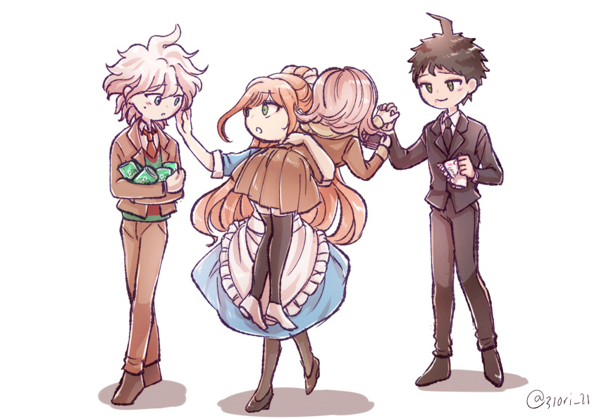 2boys 2girls ahoge bangs black_jacket brown_footwear brown_legwear brown_pants brown_vest can carrying_over_shoulder danganronpa_(series) danganronpa_3_(anime) dress eyebrows_visible_through_hair full_body green_dress grey_hair highres hinata_hajime holding holding_can holding_hands hope's_peak_academy_school_uniform jacket komaeda_nagito long_hair medium_hair midori_(310ri_21) multiple_boys multiple_girls nanami_chiaki necktie over_shoulder pants pantyhose ponytail school_uniform shoes short_hair simple_background smile standing vest white_background yukizome_chisa